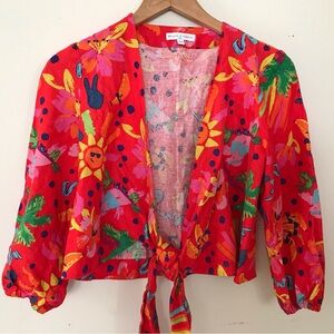 MAISON D AMELIE PARIS Tie Crop Shirt Tropical Hawaii Beach Top Linen Red XS